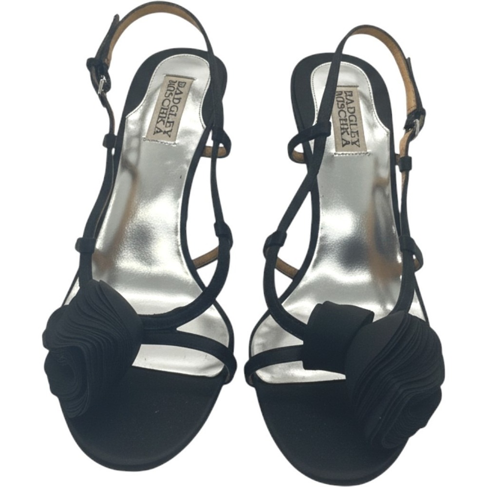 Badgley Mischka Black Satin Strappy Rosette Stiletto Heels Evening Sandals US9